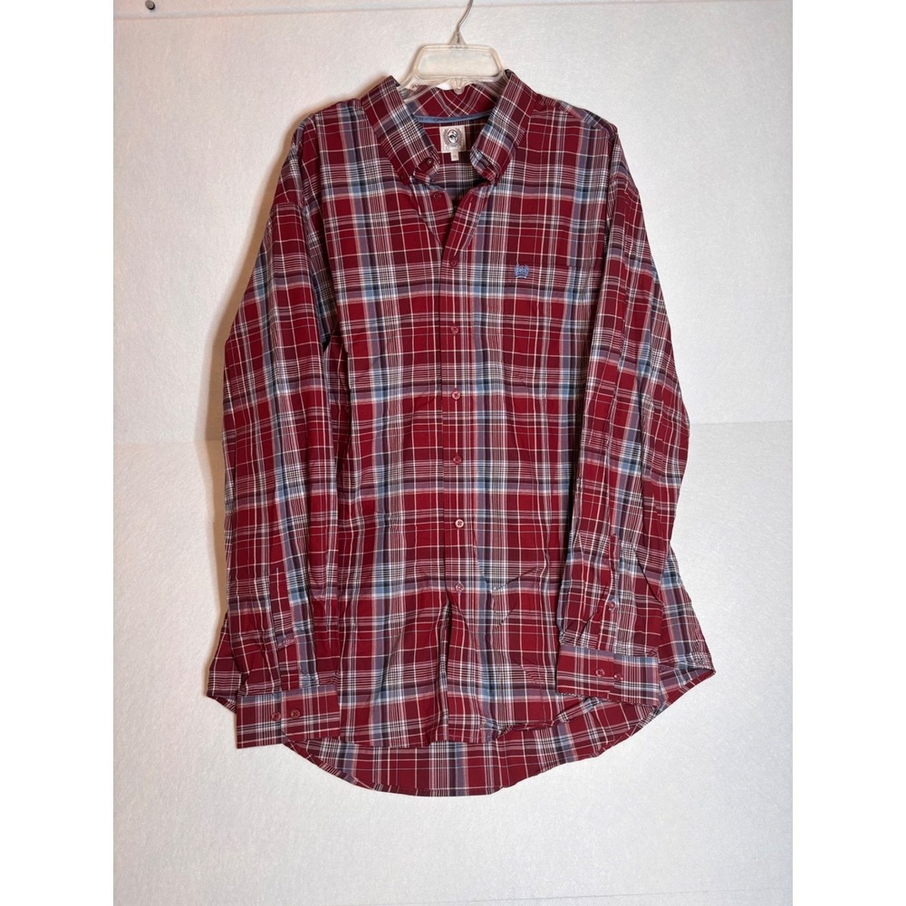 Cinch Men's Button Down shirt, Size XL, Burgundy and blue plaid